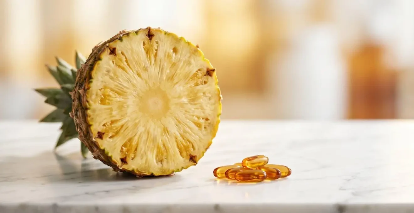 Rappresentazione fotografica naturalistica di ananas fresco e capsule di bromelina per il trattamento dell'edema post-operatorio