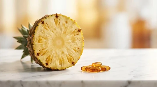 Rappresentazione fotografica naturalistica di ananas fresco e capsule di bromelina per il trattamento dell'edema post-operatorio