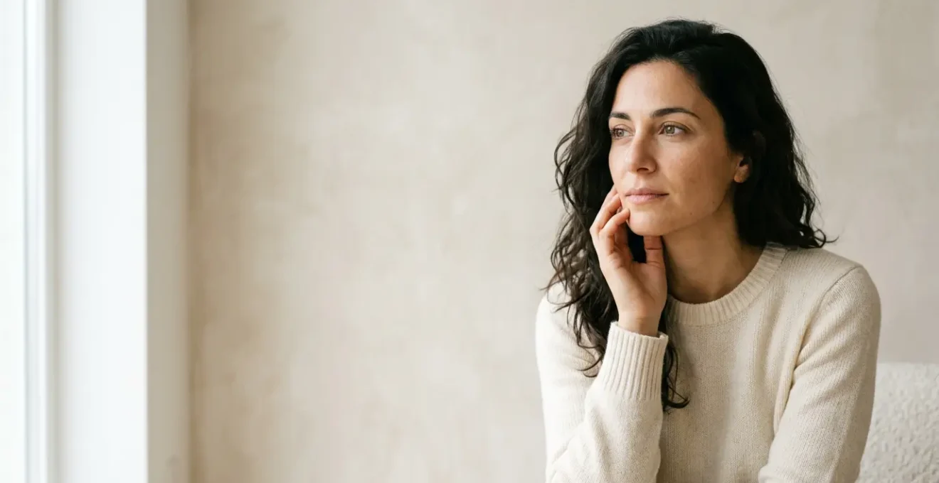 Donna in momento di riflessione interiore dopo intervento estetico, espressione contemplativa