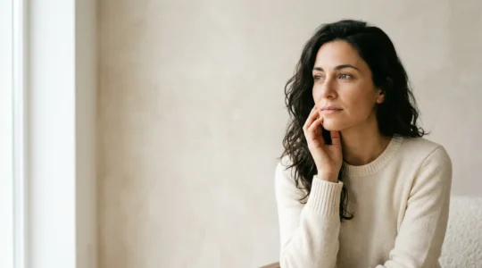 Donna in momento di riflessione interiore dopo intervento estetico, espressione contemplativa