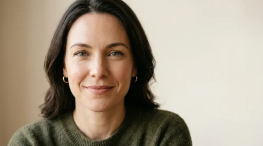 Primo piano di viso femminile con espressione naturale e serena che mostra pelle levigata e lineamenti distesi