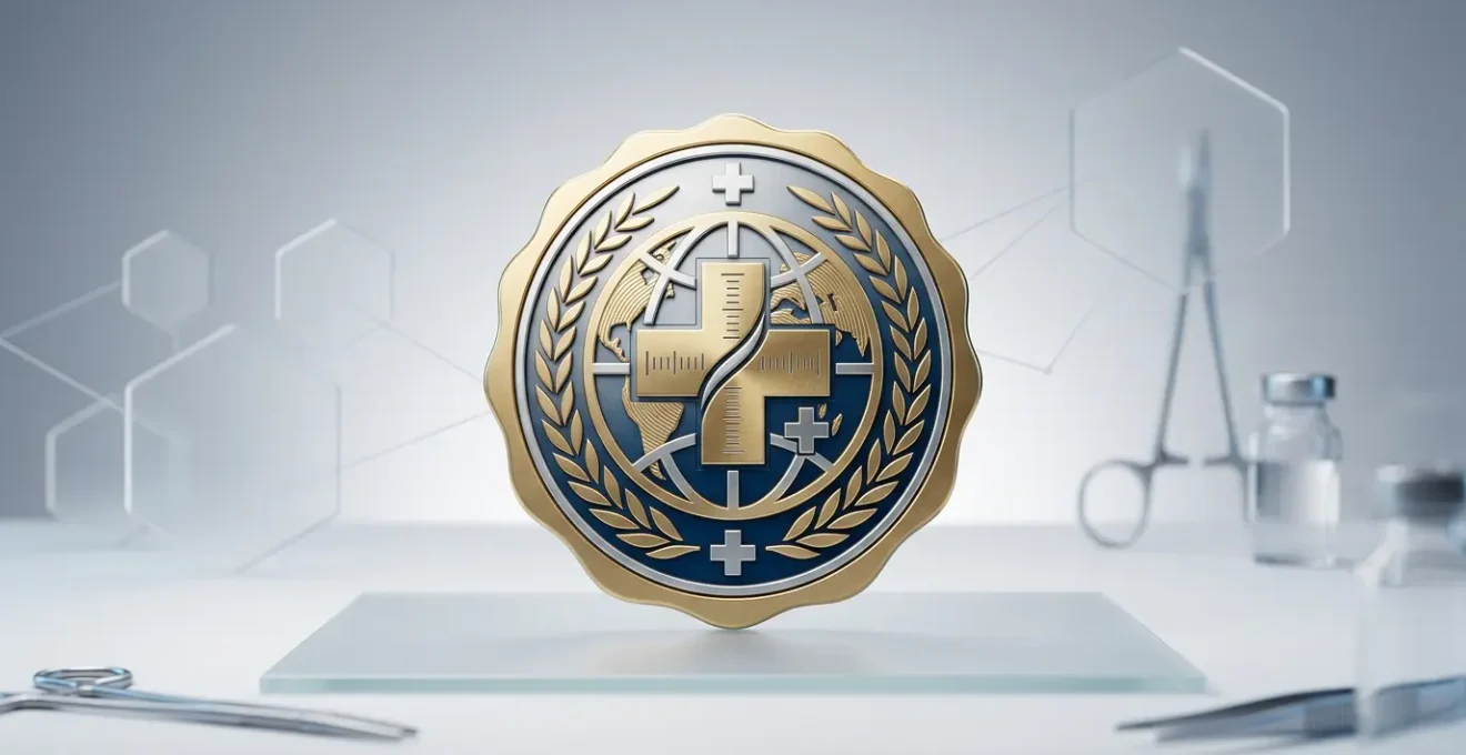 Simbolo di certificazione di qualita sanitaria internazionale che rappresenta sicurezza e standard medici
