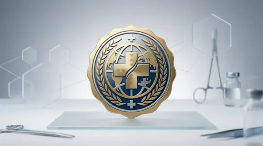 Simbolo di certificazione di qualita sanitaria internazionale che rappresenta sicurezza e standard medici