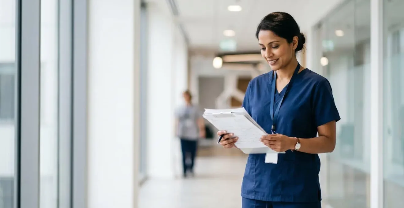 Professionista sanitario con cartella clinica in ambiente ospedaliero moderno che illustra sicurezza e qualità nelle cure chirurgiche