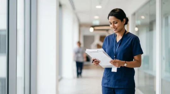 Professionista sanitario con cartella clinica in ambiente ospedaliero moderno che illustra sicurezza e qualità nelle cure chirurgiche