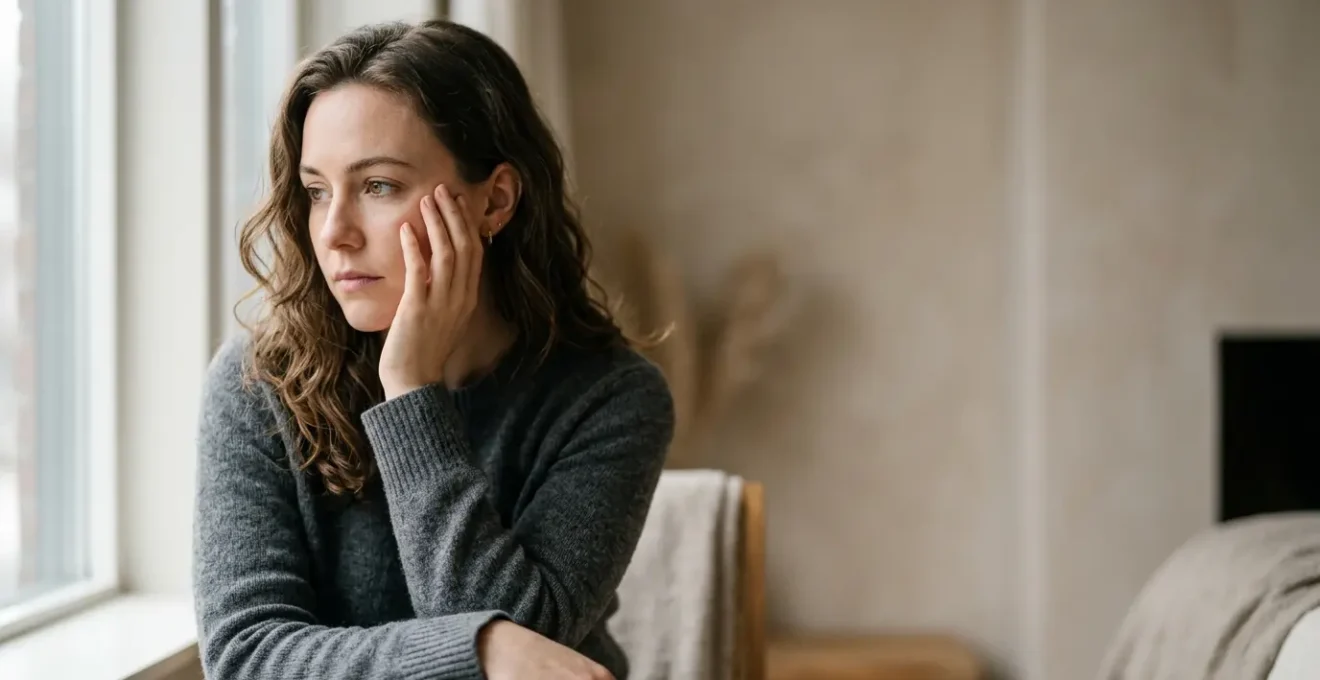 Donna in momento di riflessione profonda sulla decisione di sottoporsi a chirurgia estetica