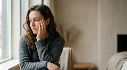 Donna in momento di riflessione profonda sulla decisione di sottoporsi a chirurgia estetica