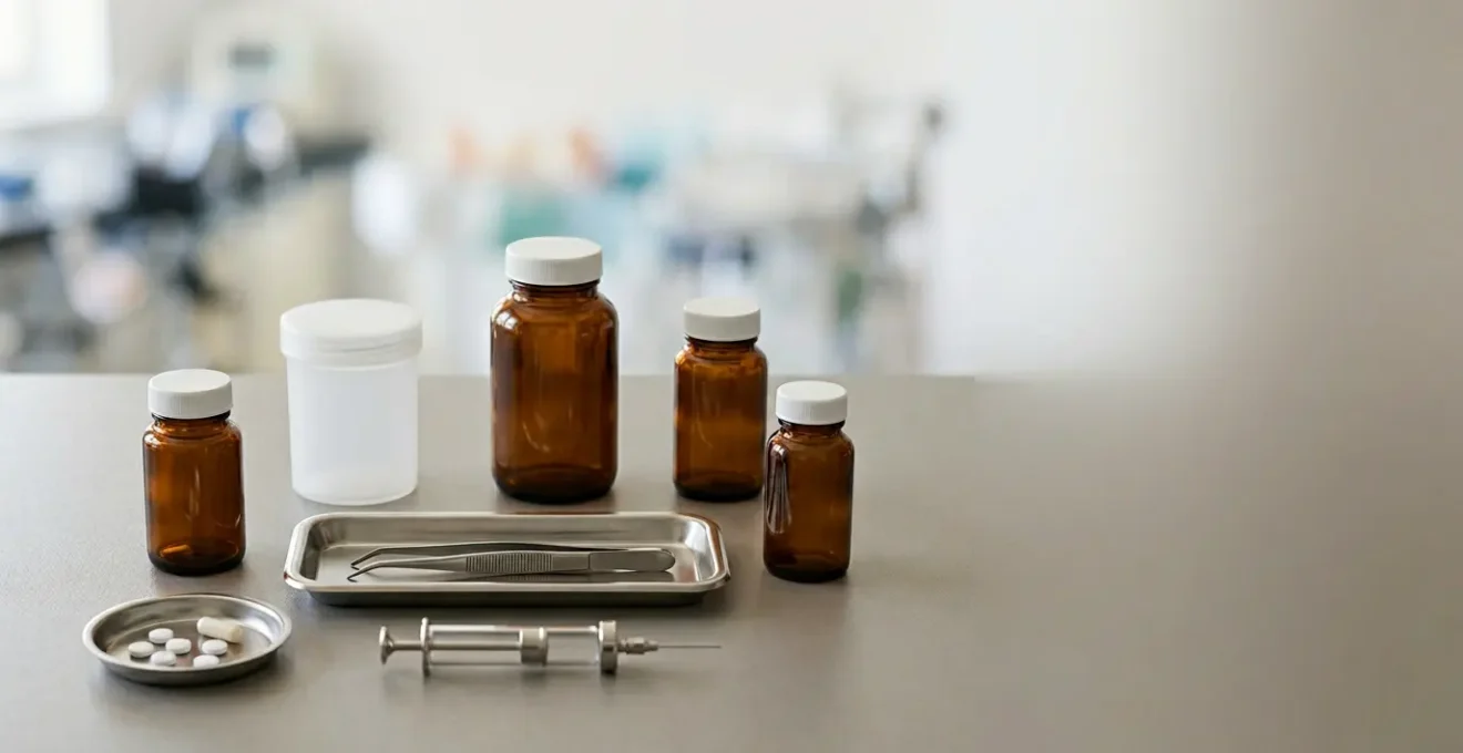 Composizione minimalista che rappresenta la sicurezza farmacologica pre-operatoria in chirurgia estetica