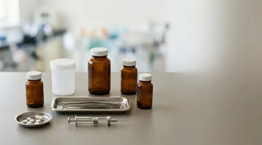 Composizione minimalista che rappresenta la sicurezza farmacologica pre-operatoria in chirurgia estetica