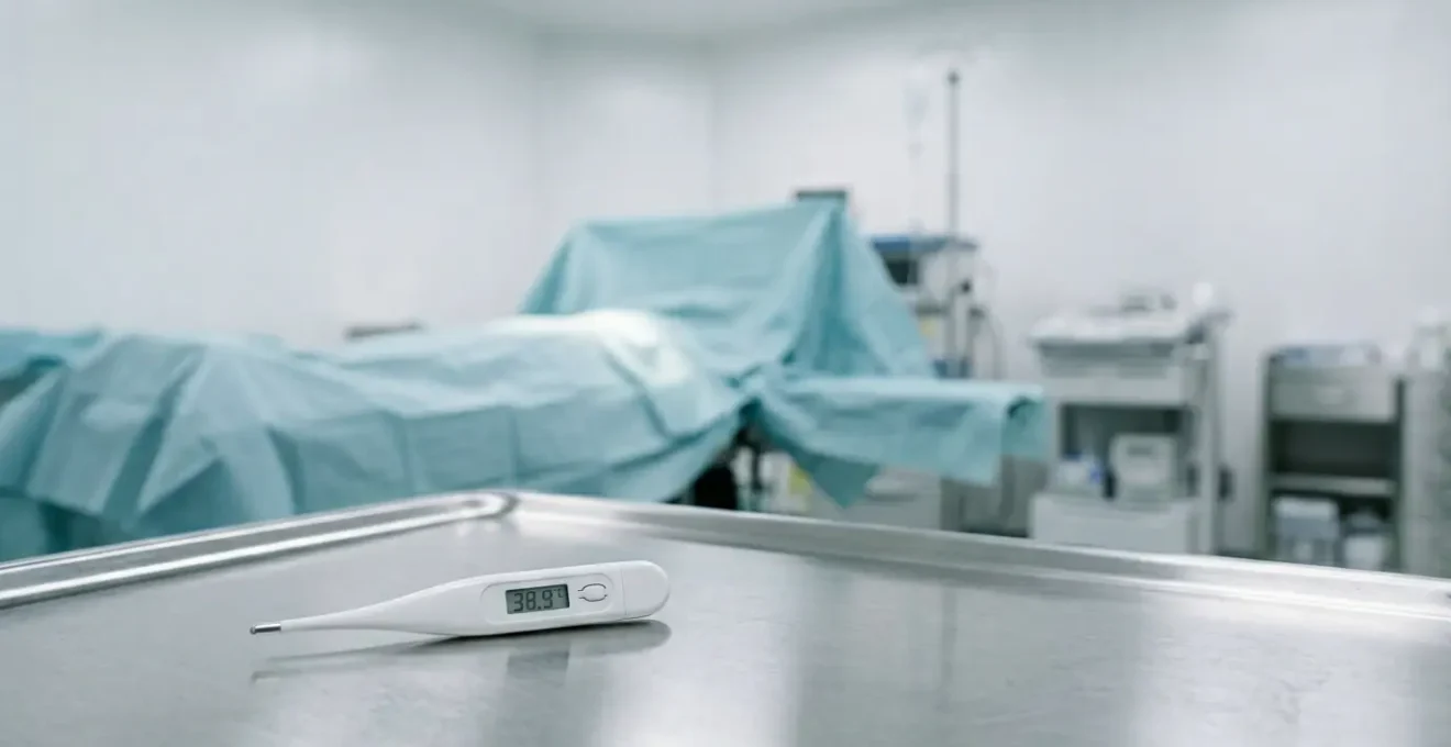 Termometro medico digitale che mostra temperatura elevata accanto a monitor vitali sfocati in ambiente ospedaliero sterile