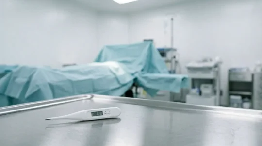 Termometro medico digitale che mostra temperatura elevata accanto a monitor vitali sfocati in ambiente ospedaliero sterile