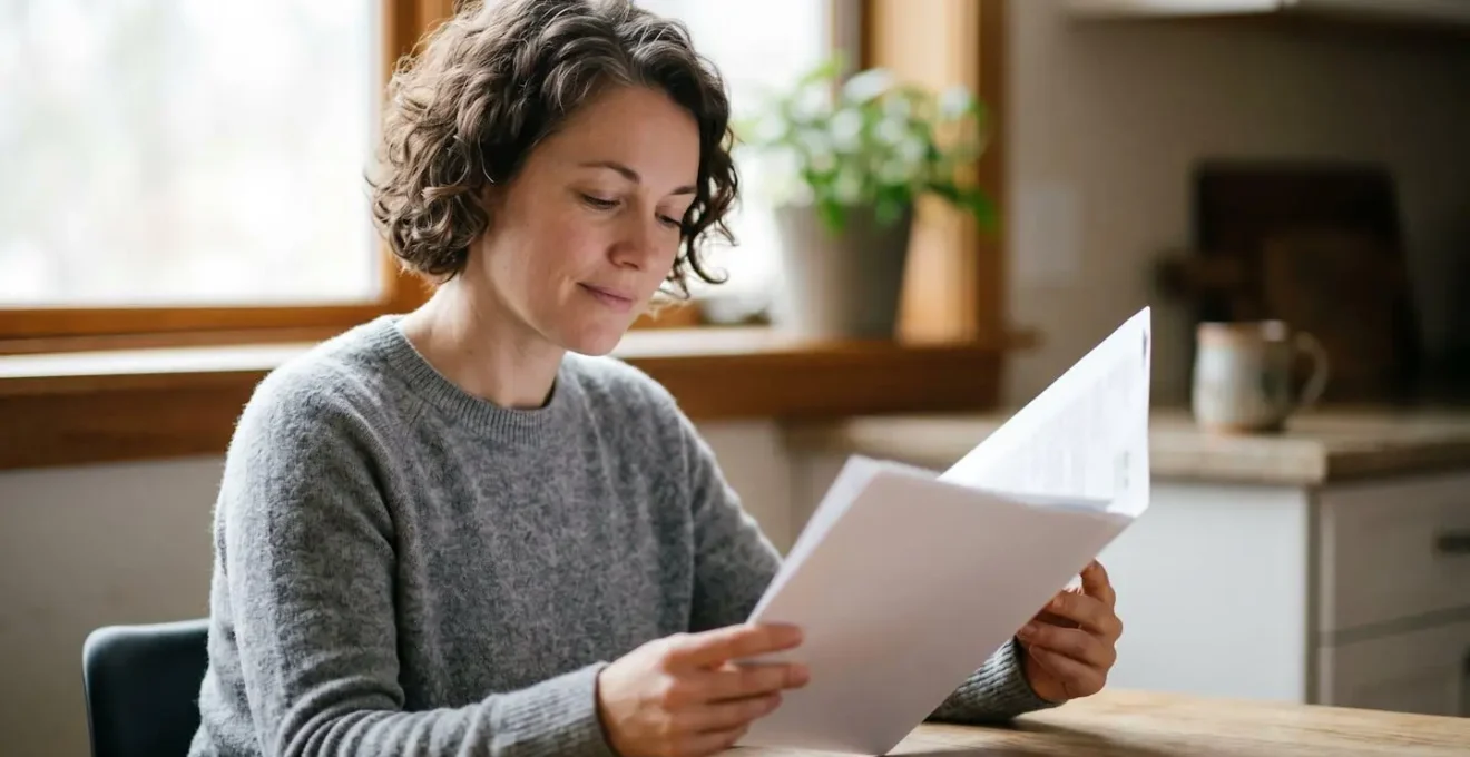 Paziente che legge con calma la documentazione medica post-operatoria in un ambiente domestico confortevole