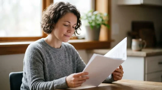 Paziente che legge con calma la documentazione medica post-operatoria in un ambiente domestico confortevole