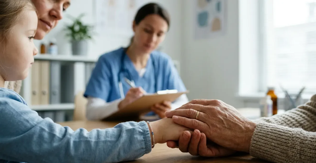 Momento di consulto familiare con specialista per la salute del bambino
