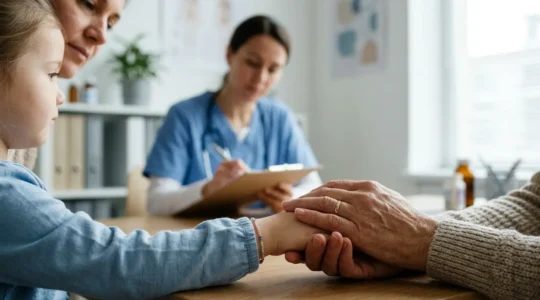 Momento di consulto familiare con specialista per la salute del bambino