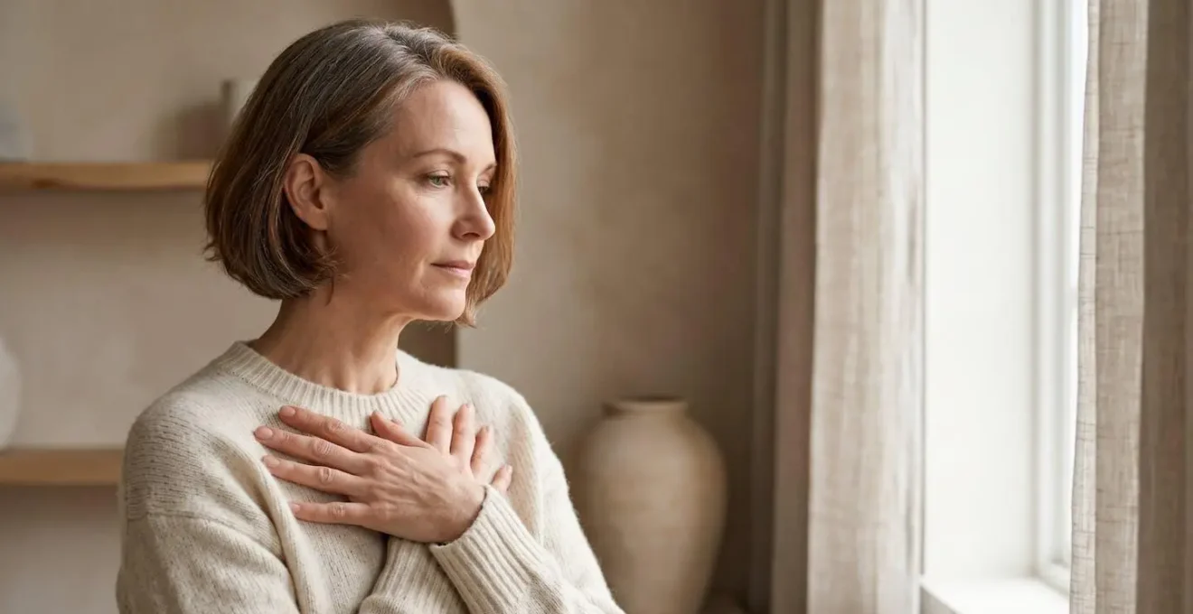 Donna in momento di riflessione interiore durante percorso di ricostruzione mammaria