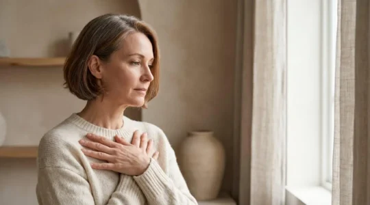 Donna in momento di riflessione interiore durante percorso di ricostruzione mammaria