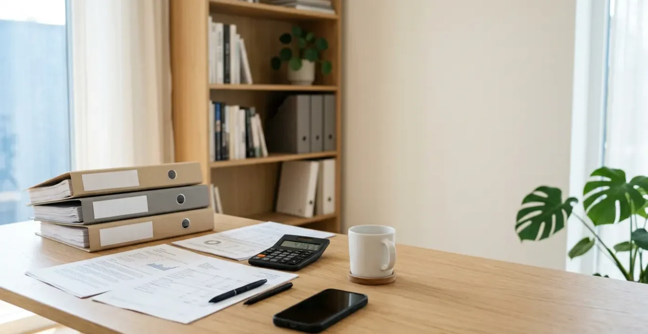 Professionista autonomo che pianifica finanziamento per intervento di chirurgia estetica con documenti e calcolatrice