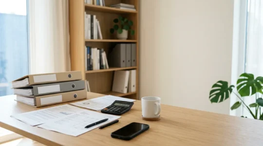 Professionista autonomo che pianifica finanziamento per intervento di chirurgia estetica con documenti e calcolatrice