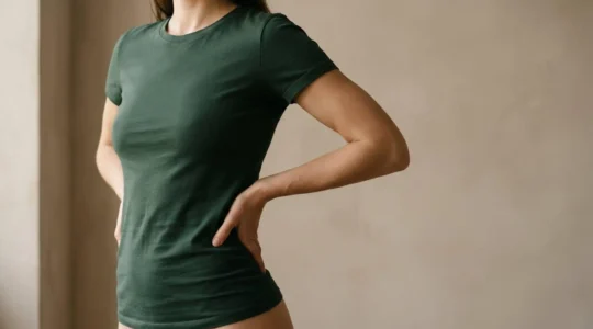 Equilibrio armonioso tra proporzioni del busto e forma del corpo femminile visto di profilo