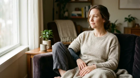 Paziente donna in fase di recupero post-operatorio dopo chirurgia estetica, momento di cura e benessere