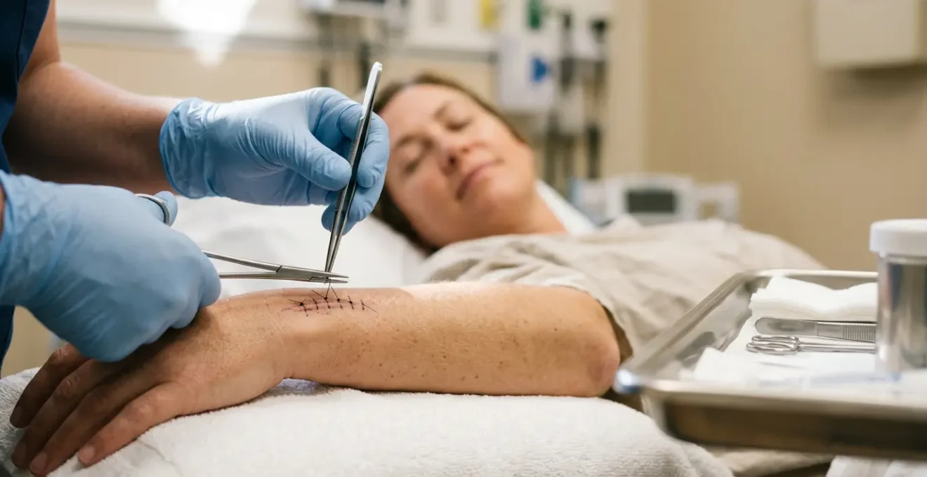 Primo piano di mani guantate che rimuovono delicatamente punti di sutura su pelle chiara con ambiente medico sfocato sullo sfondo