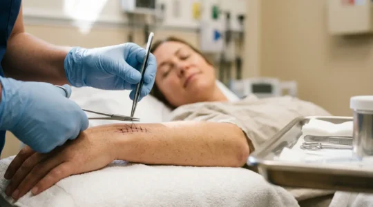 Primo piano di mani guantate che rimuovono delicatamente punti di sutura su pelle chiara con ambiente medico sfocato sullo sfondo