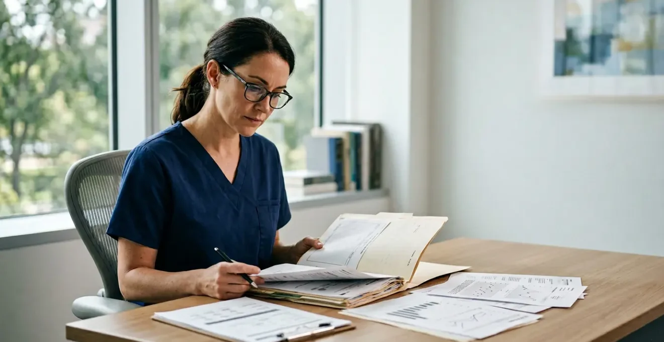 Medico chirurgo che esamina attentamente la cartella clinica del paziente prima dell'intervento di chirurgia estetica