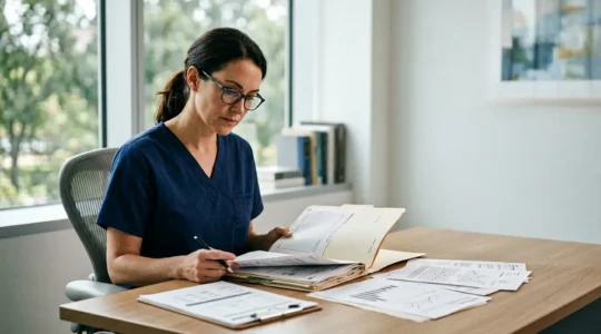 Medico chirurgo che esamina attentamente la cartella clinica del paziente prima dell'intervento di chirurgia estetica