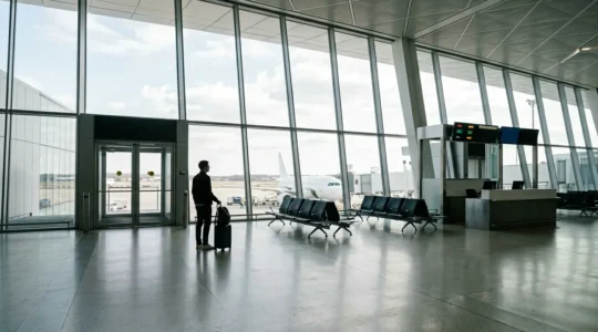 Paziente che si prepara per un viaggio aereo sicuro dopo chirurgia estetica all'estero con attenzione alla prevenzione della trombosi