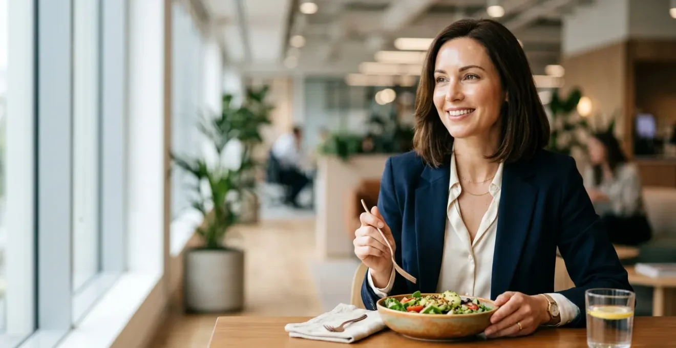 Donna professionale con pelle luminosa e impeccabile durante la pausa pranzo in ambiente ufficio moderno