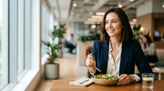 Donna professionale con pelle luminosa e impeccabile durante la pausa pranzo in ambiente ufficio moderno