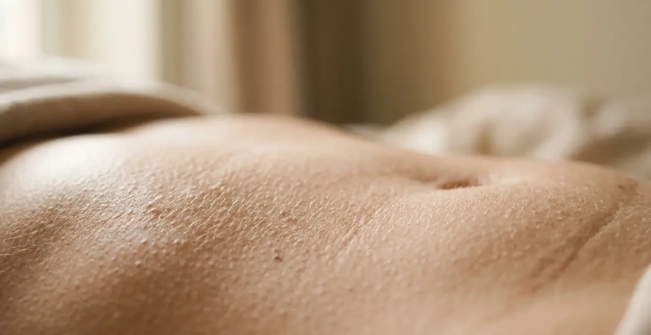 Dettaglio macro di superficie cutanea con texture naturale e luce morbida che evidenzia la cura del corpo