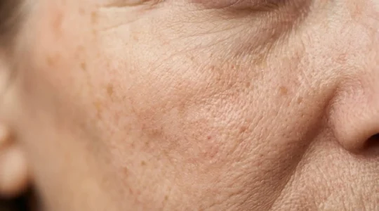 Primo piano di pelle trattata con tecnologia laser per il ringiovanimento cutaneo e la riparazione dei danni solari