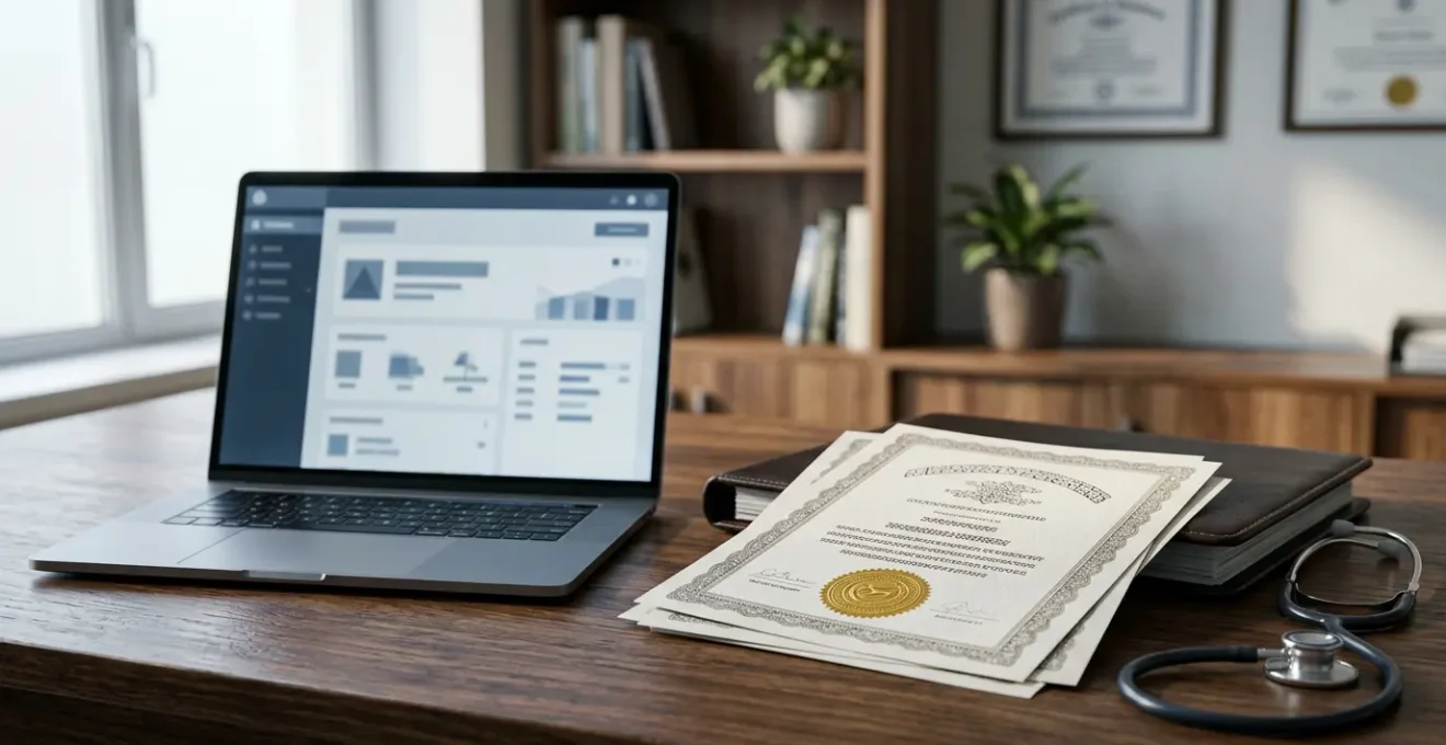 Documento di verifica professionale medica su schermo con dettagli autenticazione specializzazione