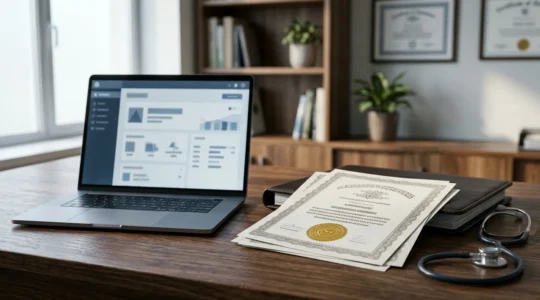 Documento di verifica professionale medica su schermo con dettagli autenticazione specializzazione