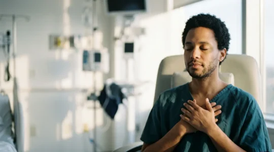 Paziente in momento di preparazione mentale pre-operatoria con atmosfera serena e professionale