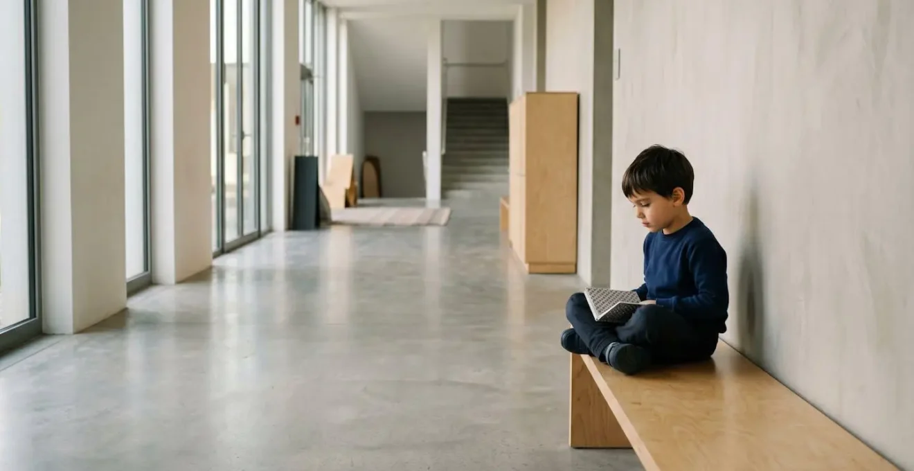 Bambino pensieroso e isolato in un ambiente scolastico, a simboleggiare l'impatto del disagio estetico sull'autostima.