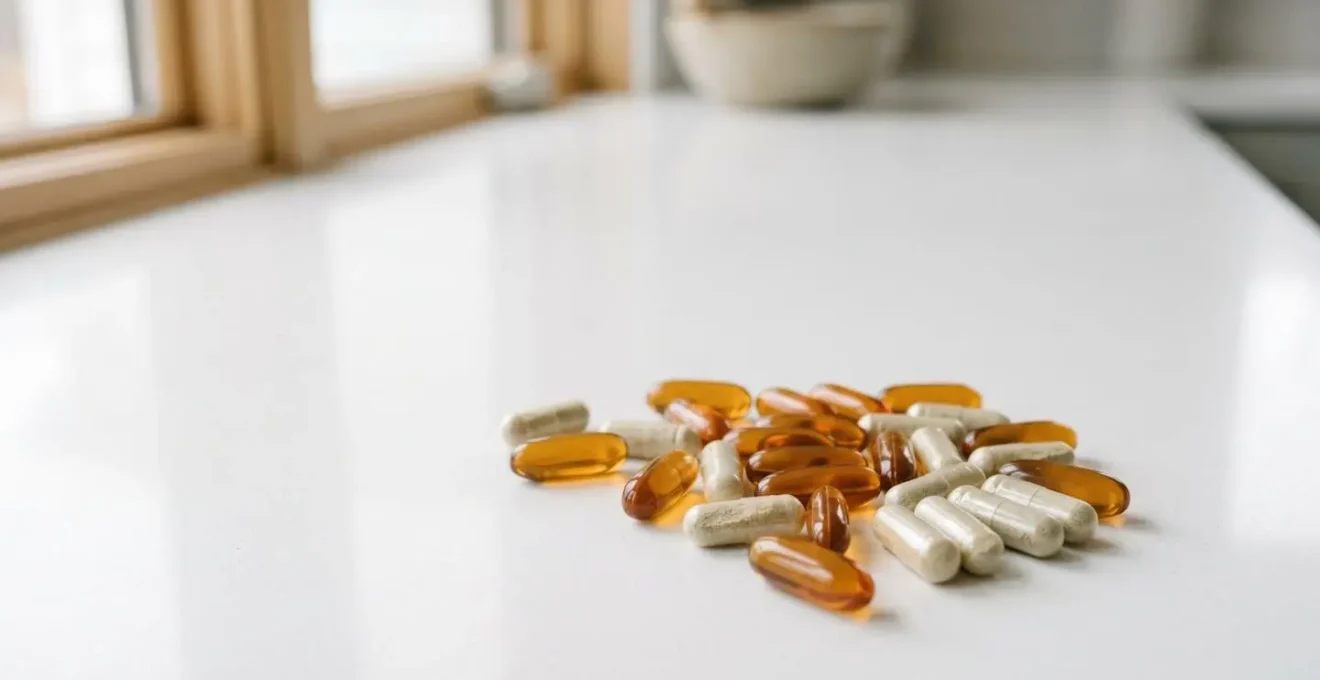 Composizione minimalista di capsule di integratori naturali disposti su superficie neutra