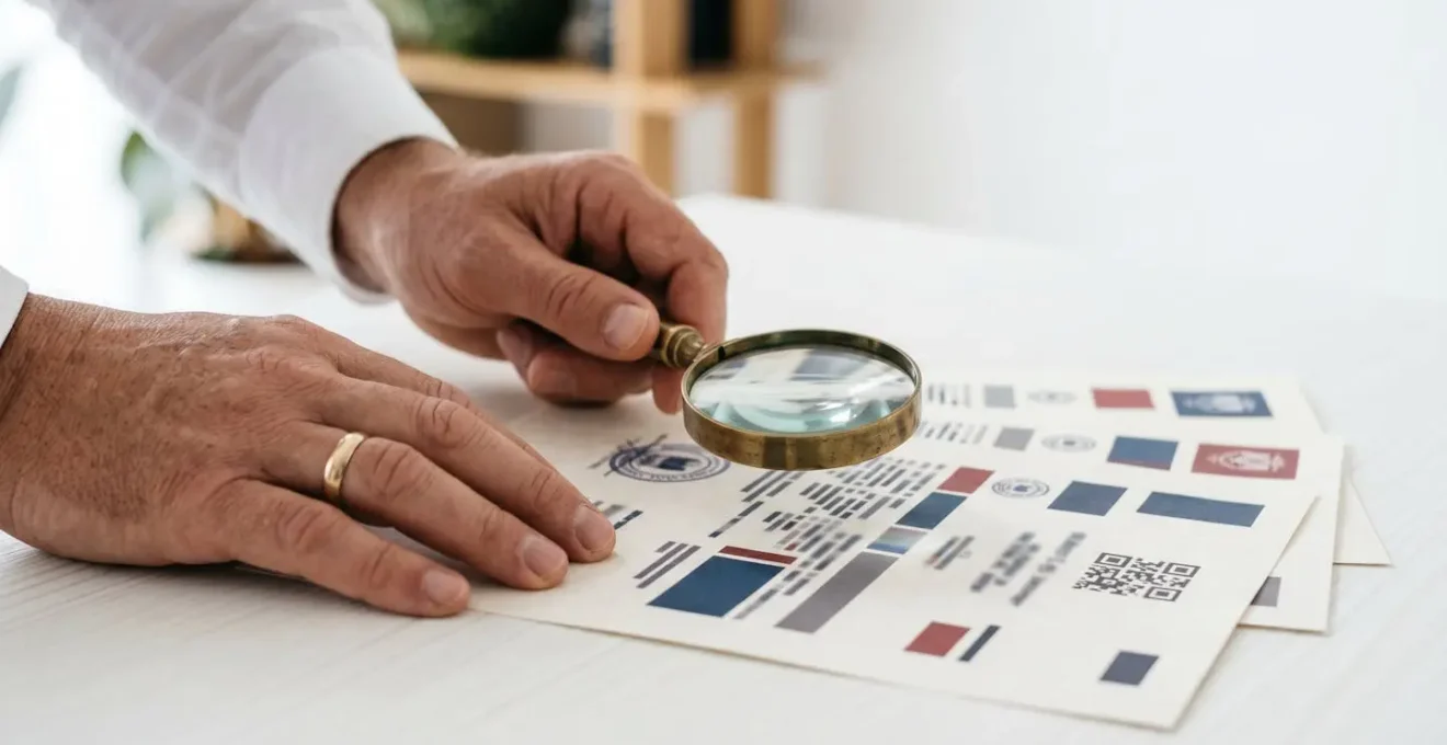 Mani che esaminano documenti di certificazione medica con lente di ingrandimento su sfondo minimalista