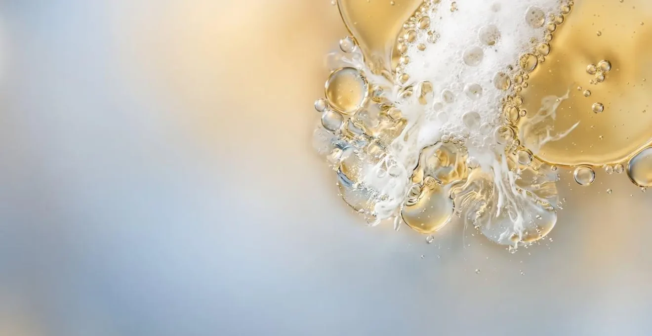 Dettaglio macro di texture oleosa che si trasforma in emulsione schiumosa a contatto con acqua