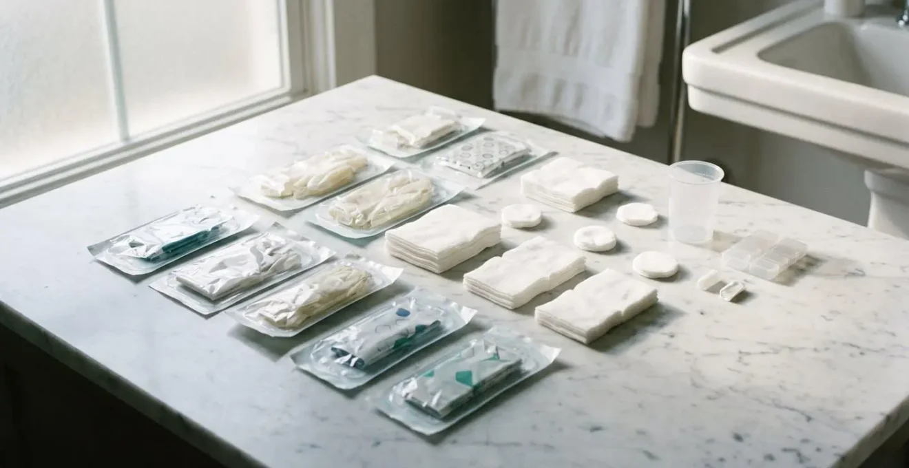 Preparazione di un kit sterile per la gestione del drenaggio post-operatorio con strumenti disposti in modo organizzato