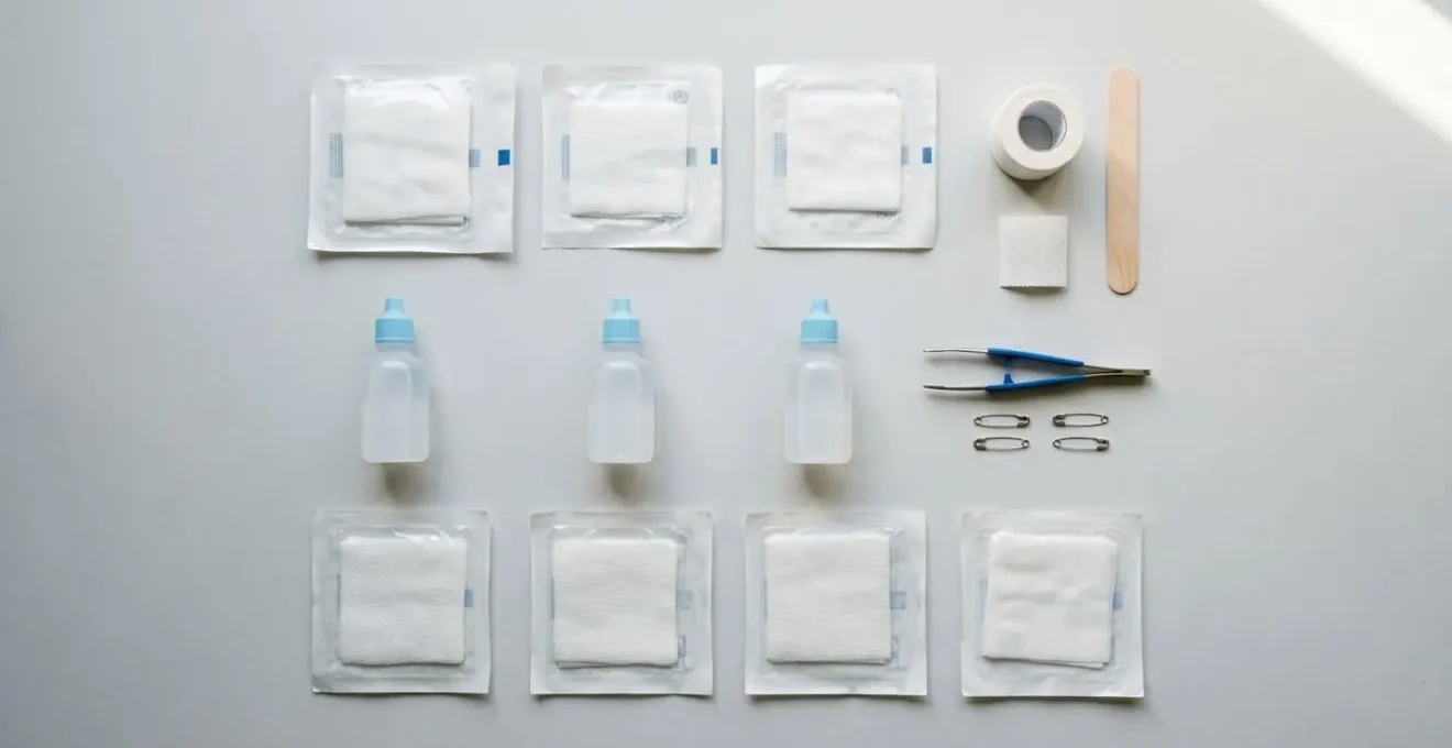 Disposizione ordinata di materiali per medicazione di emergenza su superficie pulita con luce naturale diffusa