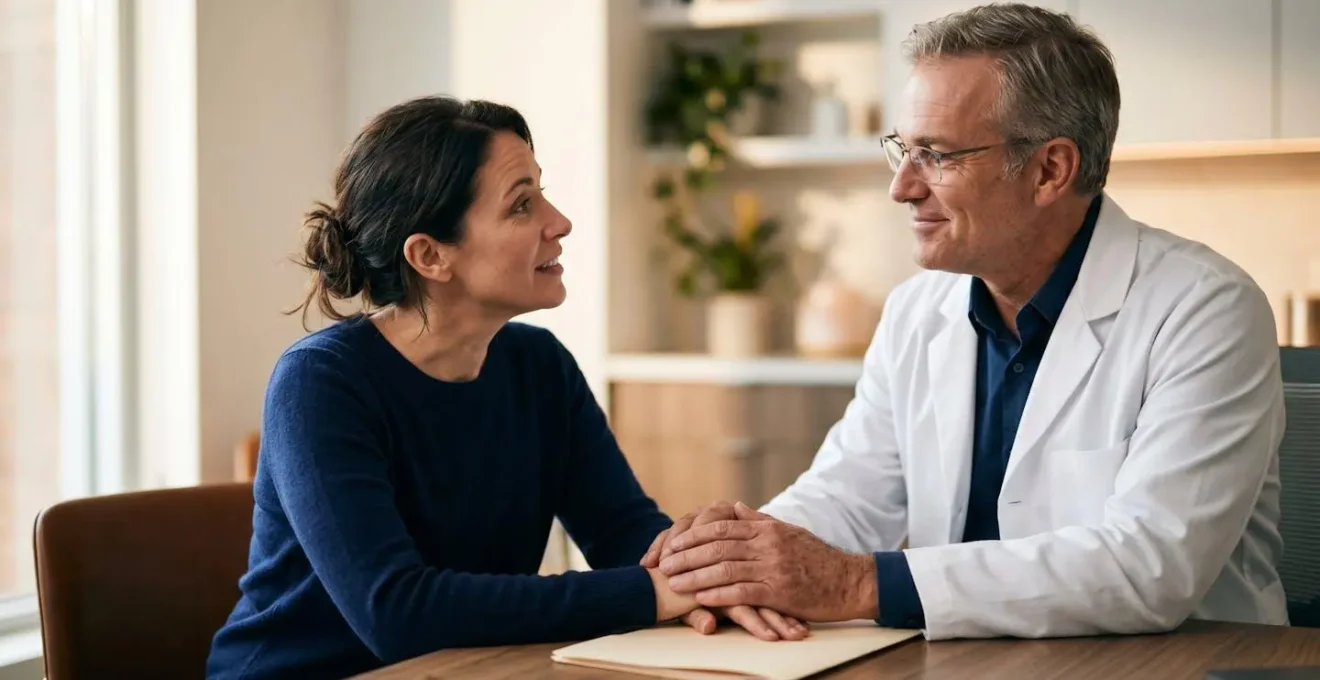 Interazione empatica tra paziente e medico durante consulto pre-operatorio in ambiente medico professionale