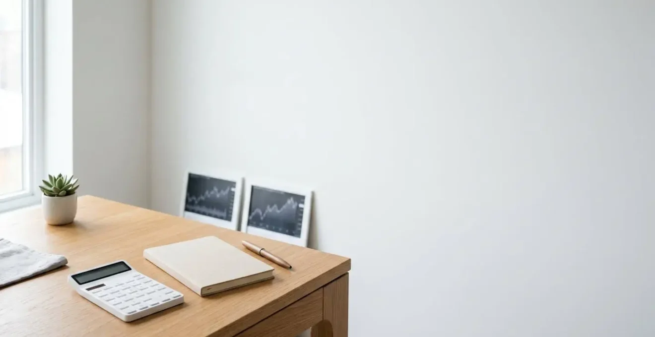 Ambiente minimalista con calcolatrice e grafici finanziari per pianificazione prestito a lungo termine