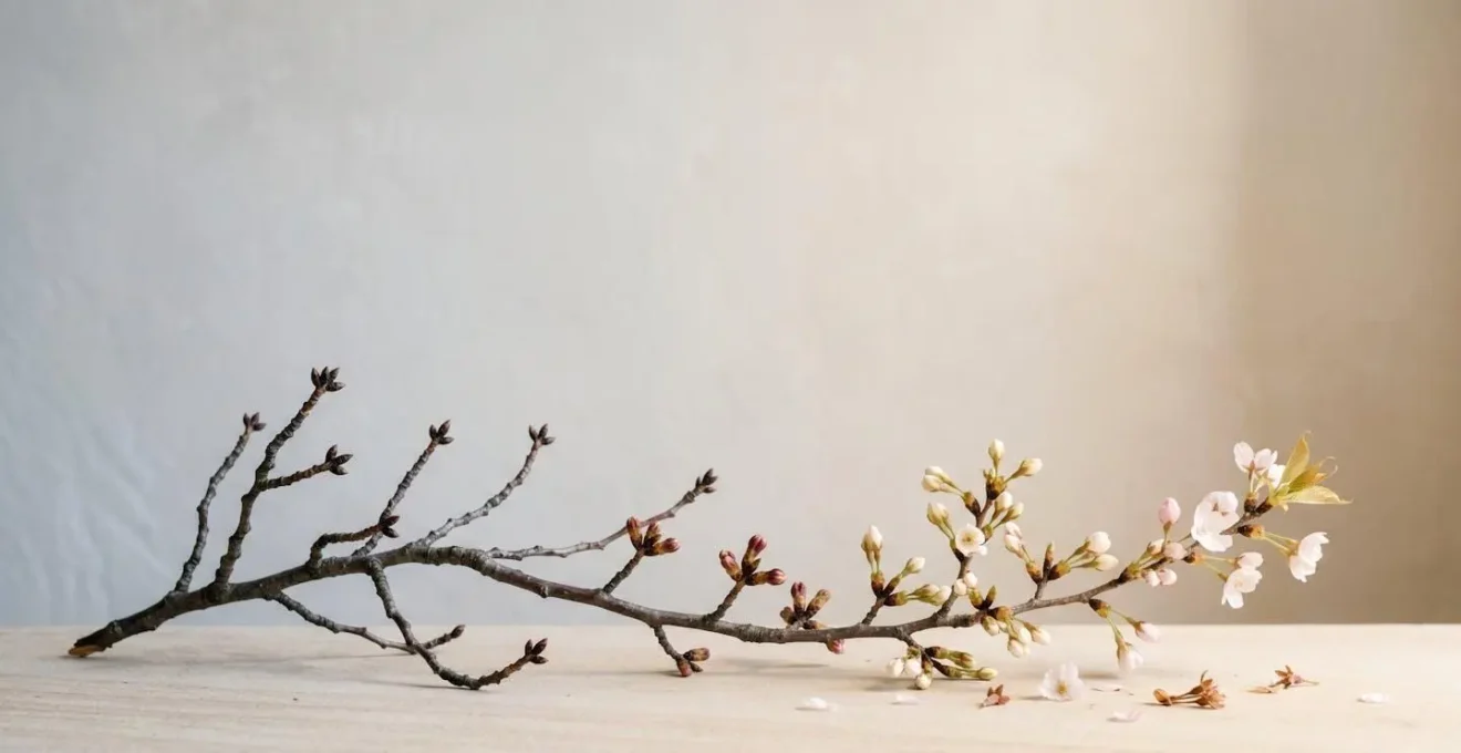 Composizione minimalista con elementi naturali che suggeriscono il ciclo temporale e la preparazione stagionale
