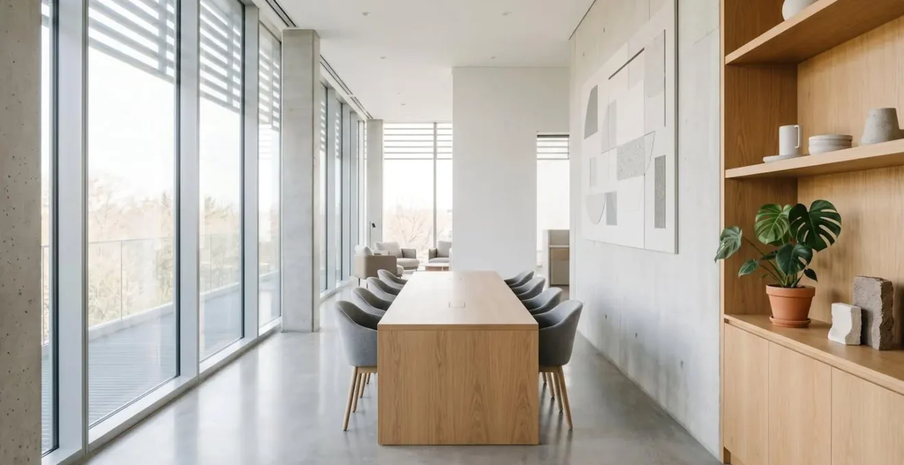 Ambiente ufficio moderno con luce naturale filtrata da ampie vetrate e atmosfera professionale serena