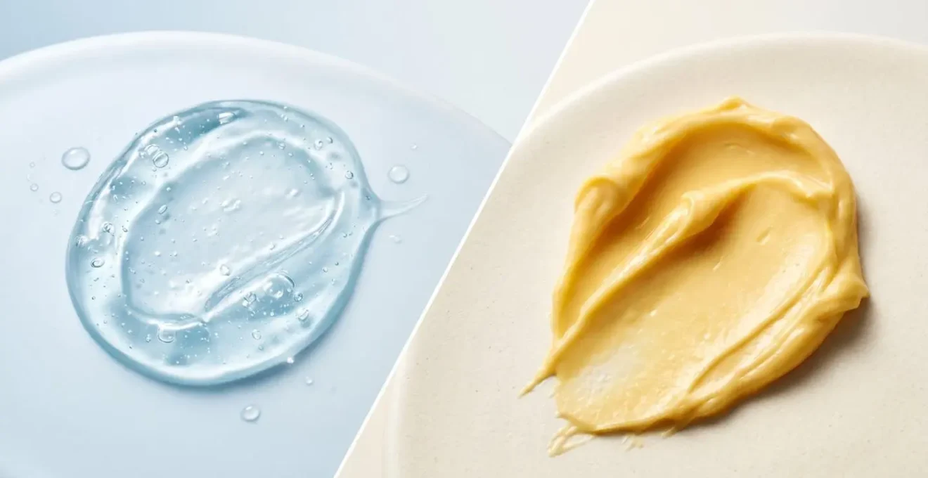Contrasto tra texture leggera gel traslucida e texture ricca burro cremosa su superficie neutra