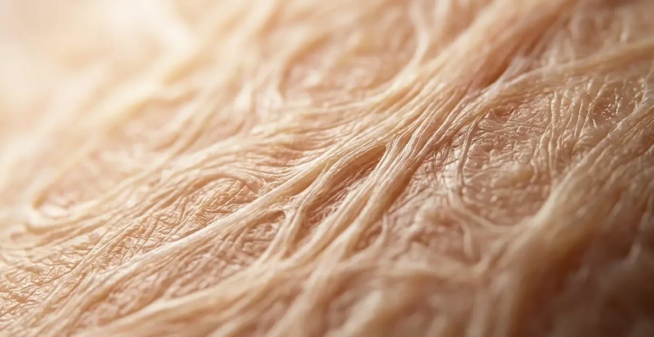 Rappresentazione macro delle fibre di collagene nella pelle durante il processo di retrazione cutanea